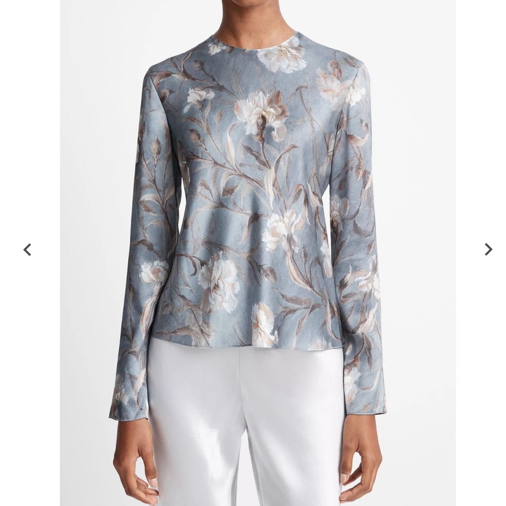 Vince floral Silk Bias Crew Neck Blouse SMALL NWT Vince Silk Blouse Silver Blue